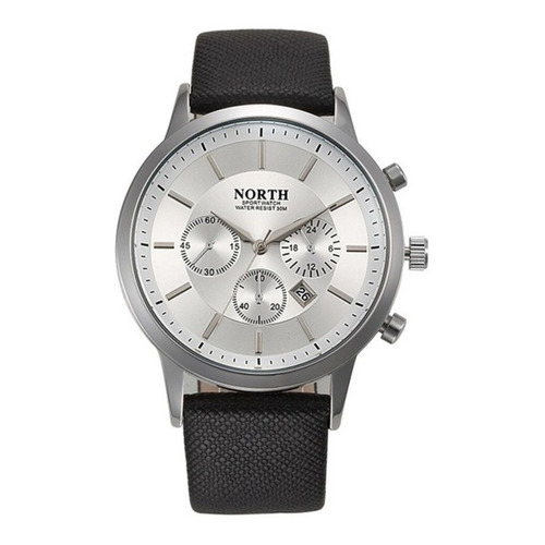 Reloj pulsera North 6009 con correa de cuero color negro - fondo blanco - bisel plateado