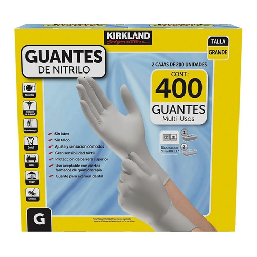Guantes descartables antideslizantes Kirkland Signature Exam color gris esterlina talle G de nitrilo en pack de 2 x 200 unidades
