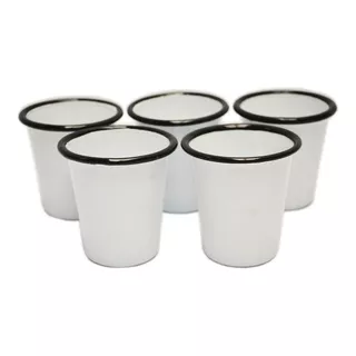 Caja De 6 Vasos Enlozados Blancos Borde Negro.
