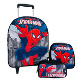 Mochila Com Rodinhas Homem Aranha + Lancheira + Estojo