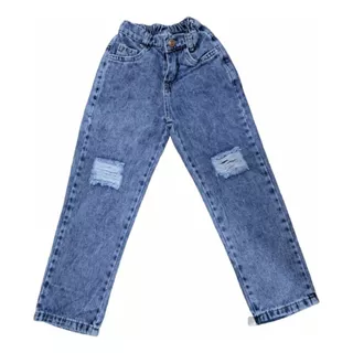 Pantalon Jeans Con Rotura Unisex Cintura Elastizada Mom 