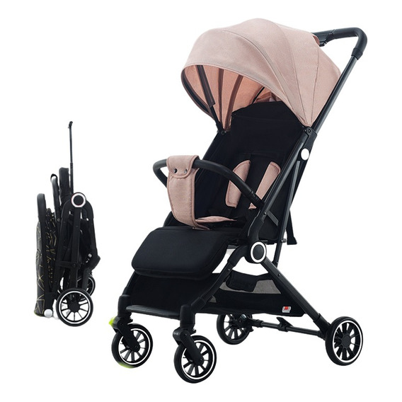 Coche Paseador Para Bebe Tipo Maleta + Toldillo X5 Color Rosa Claro Chasis Negro