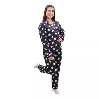 Pijama Com Gola E Botão Chique Estampado Americano Inverno