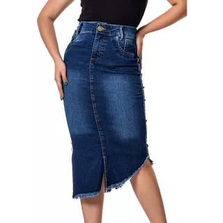 Saia Jeans Moda Evangélica Midi Zíper Lateral Ref.177