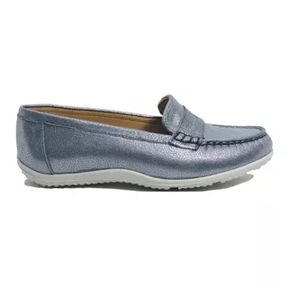 Zapato Mujer Mocasín Cuero Azul Platino Base Goma C