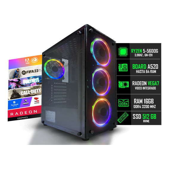 Torre Gamer Rgb Amd Ryzen 5 5600g + 16gb + Ssd 240 @pd