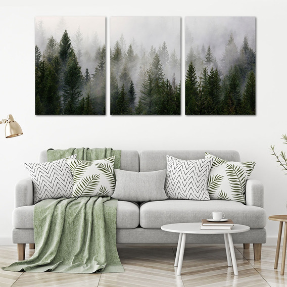 Tríptico Montaña Con Niebla 60x40 Canvas Cuadro  Decorativo