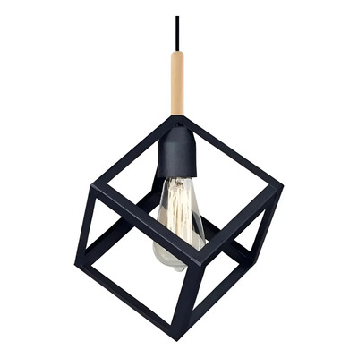 Colgante Jaula 1 Luz Cubo Negro Con Madera Vintage Deco 1007 Negro Con Madera