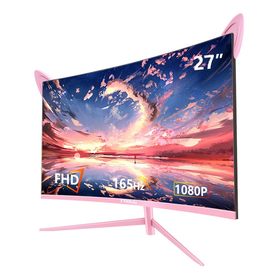 Monitor Gamer Curvo Fyhxele 27 Fhd 165hz 1ms Rosa Con Orejas