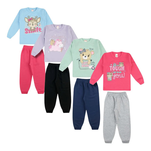 Kit 4 Peças 2 Conjuntos Moletom Infantil Menina Inverno Frio