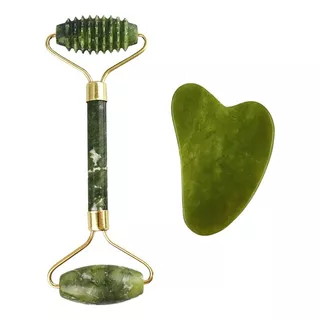 Set Rodillo Facial Cuarzo Jade Y Piedra Gua Sha Masajeador