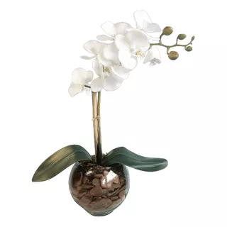 Arranjo Orquídea Branca Artificial No Vaso De Vidro Pequeno