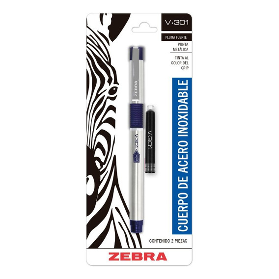 Pluma Fuente V-301 Tinta Recargable Acero Inoxidable Zebra. Exterior Azul