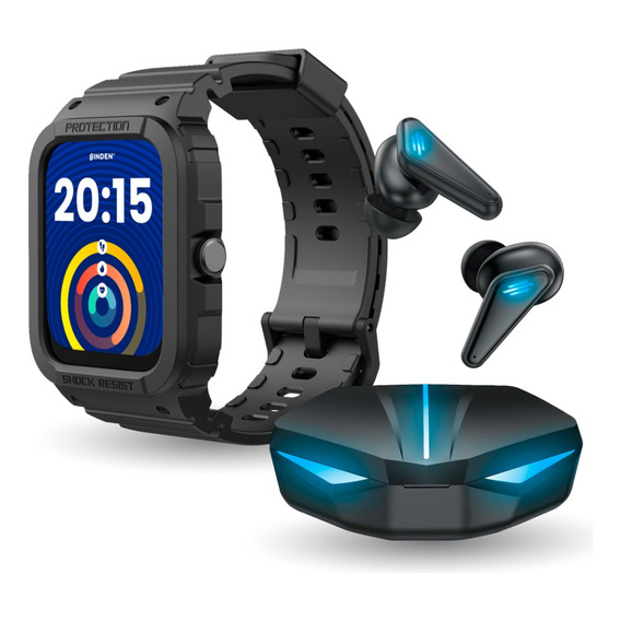 Smartwatch Reloj Inteligente Llamada Alexa + Audifonos Gamer Caja Negro Correa Negro Bisel Negro Diseño de la correa Sport