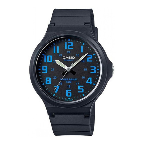 Reloj de pulsera Casio Youth MW-240-1E2V con cuerpo negro, analógico, para hombre, fondo negro, con correa de resina negra, fondo azul cielo, bisel negro y hebilla sencilla