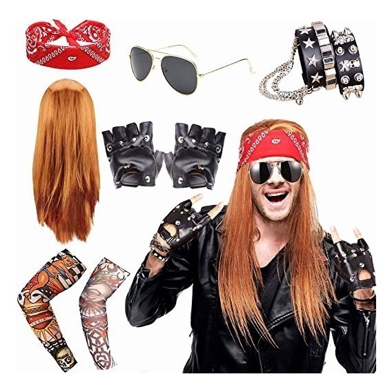 Conjunto De Disfraces De Música Rock, Heavy Metal,hippie, Peluca Larga, Pañuelo En La Cabeza, Cosplay De Tema Hip-hop Hippie