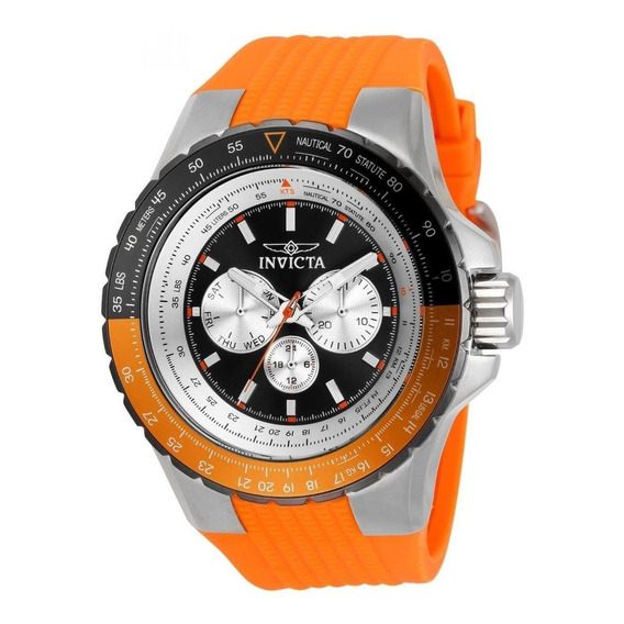 Reloj pulsera Invicta Aviator 33035 de cuerpo color plateado, analógico, para hombre, fondo negro, con correa de silicona color naranja, agujas color plateado y naranja, dial plateado y naranja, subes
