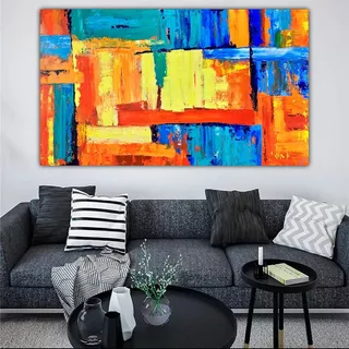 Quadro Tela Azul Laranja Pintado A Mão