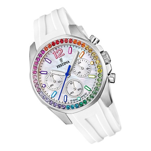 Reloj Festina Blanco Piedra Multicolor Mujer Caucho F20610.2 Color Del Fondo Nácar Color De La Malla Blanco Color Del Bisel Multicolor