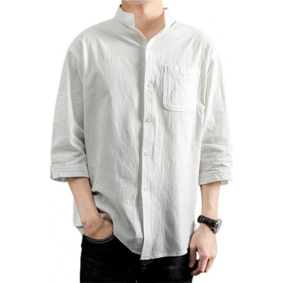 Camisa Cuello Mao Lino Hombre Casual Manga Larga Slim Fit