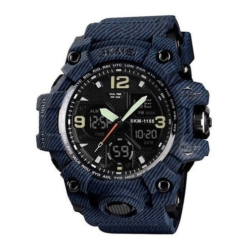 Reloj pulsera Skmei 1155 con correa de poliuretano color azul - fondo negro - bisel azul/negro