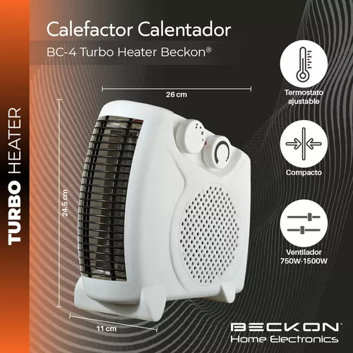 Calefactor Calentador Eléctrico Compacto 26cm De Resistencia Para Recámara  Baño Estudio Hogar Turbo Heater Con Termostato 750w / 1500w Beckon