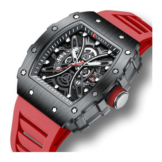 Reloj Curren 8438 Rectangular Skeleton Fechador Silicona Mod Color De La Correa Rojo