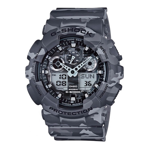 Reloj de pulsera Casio G-Shock GA100 de cuerpo color camuflado gris, analógico-digital, para hombre, fondo camuflado gris, con correa de resina color camuflado gris, agujas color gris, dial gris, subesferas color gris y negro, minutero/segundero gris, bisel color camuflado gris y hebilla doble