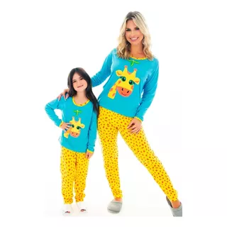 Pijama Mãe E Filha Gatinho Longo Fechado Comprida Inverno