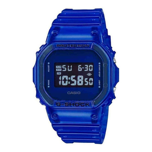 Reloj pulsera digital Casio DW5600 con correa de resina color azul - fondo negro