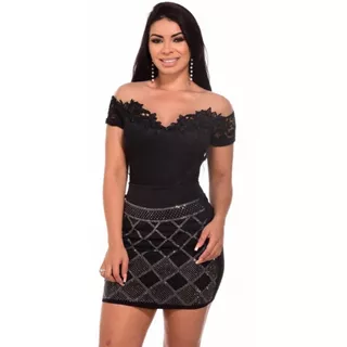 Conjunto Feminino Body Tule Renda Manga Saia Curta Brilho