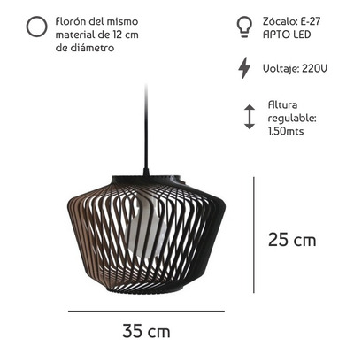 Lampara Colgante 1 Luz Bombay Negro Madera Deco Apto E27 Ln