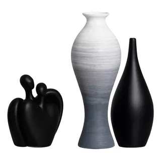 Kit Decorativo De Cerâmica Vasos E Escultura De Mesa
