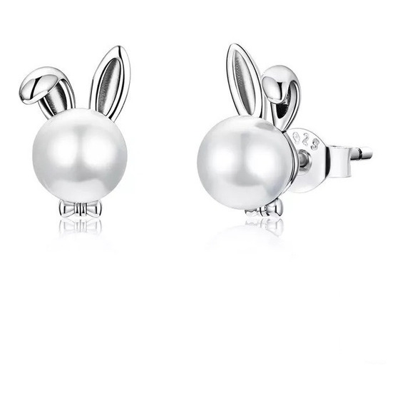 Aretes Para Mujer En Plata Con Perlas Diseño De Conejo