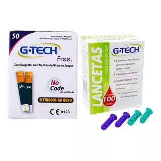50 Fitas Tiras Reagentes G-tech Free Glicemia + 100 Lancetas
