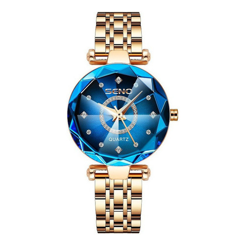 Reloj Impermeable Poligonal Con Esfera Diamante Para Mujer Color De La Correa Oro Rosa Color Del Bisel Oro Rosado Color Del Fondo Azul