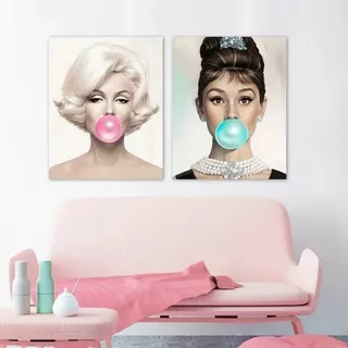 Set Cuadros Canvas Marilyn Monroe  Audrey Hepburn Bubble Gum