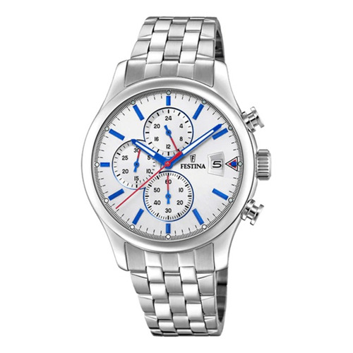 Reloj Festina F20374 Cronografo 100% Acero Cristal Duro 100 Malla Plateado Bisel Plateado Fondo Blanco