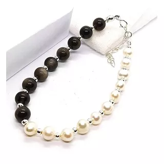 Pulsera Plata 925 Obsidiana Y Perlas Genuinas