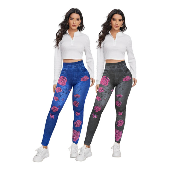 Set 2 Mallones Mujer Mezclilla Stretch Leggins Mayon Mallas