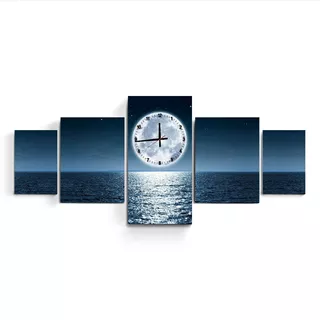 Reloj De Pared Cuadro Triptico Moderno Luna Llena Mar Noche