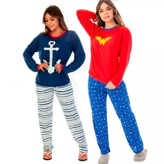 Kit 2 Pijamas  Longo Fechado Feminino Comprida Inverno 