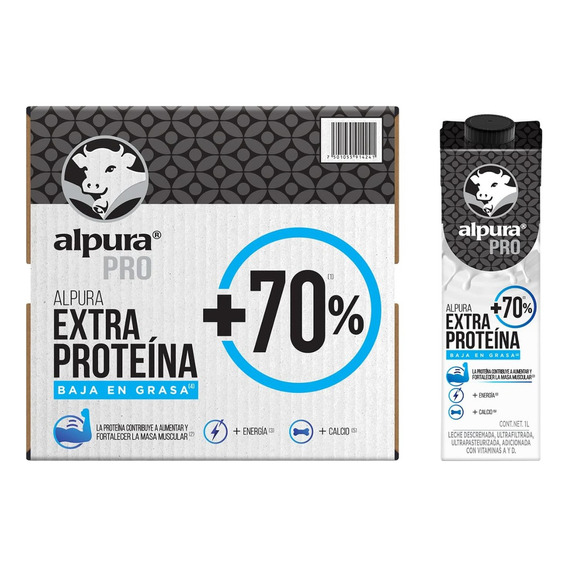 Pack X12 Leches Alpura Pro Extra Proteína Baja En Grasa 1 L