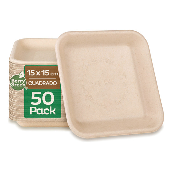 50 Charolas Desechables Platos Cuadrados Biodegradable Liso