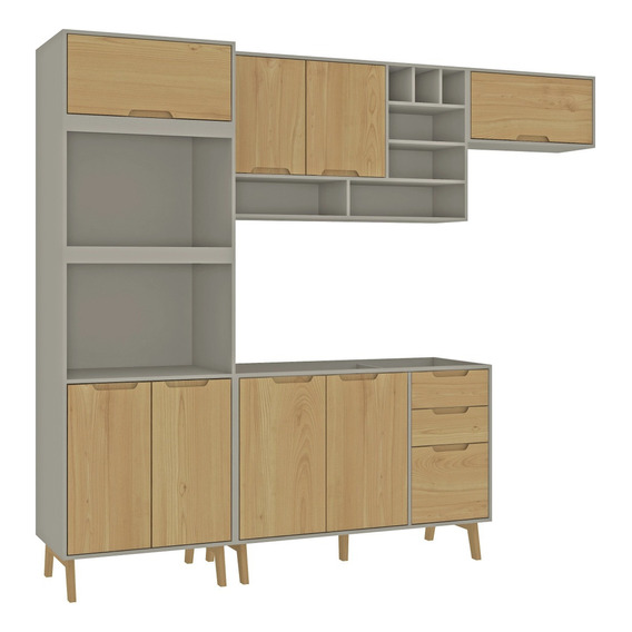 Kit Cocina 4 Muebles Alacena Bajo Mesada 2 Aéreos Madera Cz Color Cinza