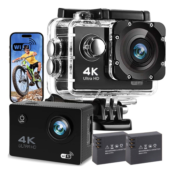 Cámara Deportiva Videocamara Sumergible 4k Wifi Hd 2 Batería