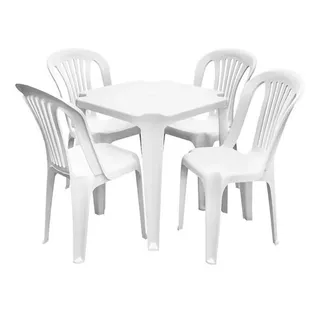 Kit Mesa Plástica Branca Quadrada C/ 4 Cadeira Bistro Branca Cor Branco