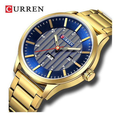Relojes De Acero Inoxidable Curren Calendar Business Color Del Bisel Dorado/azul