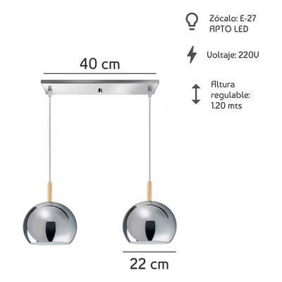 Colgante 2 Luces Cromo 20cm Con Madera Moderna Apto Led