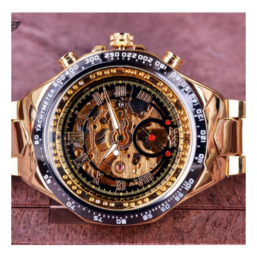 Reloj mecánico impermeable Winner Skeleton, color de fondo: dorado dorado